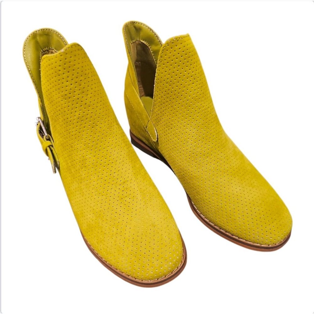 Khaki Perforated Faux Suede Ankle Boots With Side Buckle & Low Heel Womens - Picture 3 of 6
